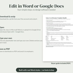 Puede incluir: Un gr&aacute;fico digital titulado Edit in Word or Google Docs, que describe cuatro pasos para usar una plantilla de curr&iacute;culum. Incluye c&iacute;rculos numerados, instrucciones de texto y una vista previa de una gu&iacute;a de compra en PDF.