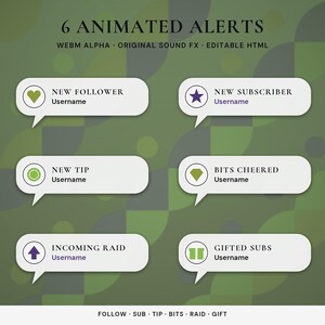 May include: A set of 6 animated alerts featuring white speech bubbles with icons and text including New Follower, New Subscriber, New Tip, Bits Cheered, Incoming Raid, and Gifted Subs. The background is a green geometric pattern.