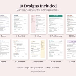Puede incluir: Una colecci&oacute;n digital de 10 plantillas de curr&iacute;culum con cartas de presentaci&oacute;n a juego, etiquetadas del 01 Campus al 10 Pastel Pop. Cada documento presenta dise&ntilde;os, acentos de color y tipograf&iacute;a distintos para Word y Google Docs.