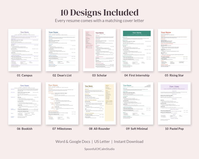 Puede incluir: Una colecci&oacute;n digital de 10 plantillas de curr&iacute;culum con cartas de presentaci&oacute;n a juego, etiquetadas del 01 Campus al 10 Pastel Pop. Cada documento presenta dise&ntilde;os, acentos de color y tipograf&iacute;a distintos para Word y Google Docs.