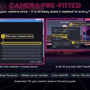 May include: An instructional graphic titled CAMERA PRE-FITTED showing two software interface windows. The left window highlights a device selection menu. The right window displays settings for bounds, cover, and crop to bounds options.