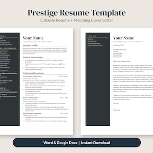 Pu&ograve; includere: Un modello di curriculum Prestige che include un curriculum modificabile e una lettera di presentazione abbinata. Il layout presenta una barra laterale scura per i dettagli di contatto, le competenze, l'istruzione e le affiliazioni.