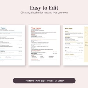 Puede incluir: Tres plantillas de curr&iacute;culum mostradas una al lado de la otra con texto de marcador de posici&oacute;n. El texto superior dice Easy to Edit, Click any placeholder text and type your own. El texto inferior dice Free fonts | One-page layouts | US Letter.