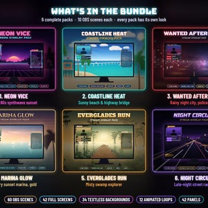 Puede incluir: Un paquete digital de seis sets de superposici&oacute;n de transmisi&oacute;n OBS con temas distintos: Neon Vice, Coastline Heat, Wanted After Dark, Marina Glow, Everglades Run y Night Circuit. Cada set incluye diez escenas, sumando sesenta escenas OBS, cuarenta y dos pantallas completas, treinta y cuatro fondos sin texto, doce bucles animados y cuarenta y dos paneles.