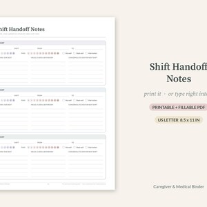 K&ouml;nnte beinhalten: Ein druckbares und ausf&uuml;llbares Shift Handoff Notes Dokument im Format 21,59 x 27,94 cm. Das Formular enth&auml;lt drei Abschnitte zur Erfassung von Datum, Schicht, von, bis, Stimmung, Schmerz und Pflegedetails f&uuml;r einen Pflegeordner.
