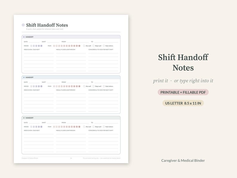 K&ouml;nnte beinhalten: Ein druckbares und ausf&uuml;llbares Shift Handoff Notes Dokument im Format 21,59 x 27,94 cm. Das Formular enth&auml;lt drei Abschnitte zur Erfassung von Datum, Schicht, von, bis, Stimmung, Schmerz und Pflegedetails f&uuml;r einen Pflegeordner.