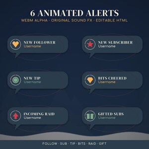 May include: A set of 6 animated alerts for streaming, featuring dark blue speech bubble overlays with icons and text labels including New Follower, New Subscriber, New Tip, Bits Cheered, Incoming Raid, and Gifted Subs with placeholders for usernames.