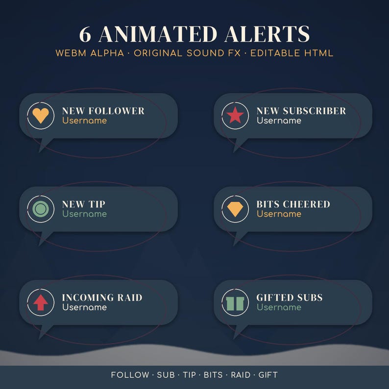 May include: A set of 6 animated alerts for streaming, featuring dark blue speech bubble overlays with icons and text labels including New Follower, New Subscriber, New Tip, Bits Cheered, Incoming Raid, and Gifted Subs with placeholders for usernames.