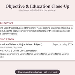 May include: A digital resume template featuring sections titled Objective and Education. The text includes placeholders such as Third-year Major student at University Name, Bachelor of Science, and GPA 3.X/4.0. The layout is clean with dark text on a light background.