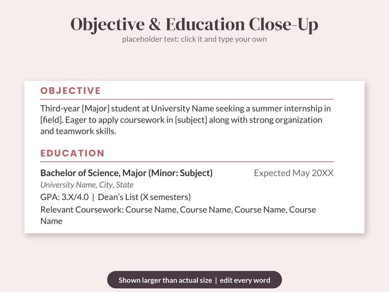 May include: A digital resume template featuring sections titled Objective and Education. The text includes placeholders such as Third-year Major student at University Name, Bachelor of Science, and GPA 3.X/4.0. The layout is clean with dark text on a light background.