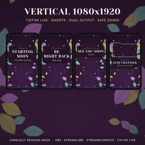 May include: A set of four vertical digital stream overlays on a dark purple background with scattered colorful leaves. Each panel features text including STARTING SOON, BE RIGHT BACK, SEE YOU SOON, and JUST CHATTING, designed for TikTok Live and Shorts.