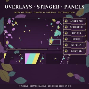 May include: A digital streaming overlay set featuring a dark purple background with floating yellow, purple, and teal leaves. Includes a webcam frame, gameplay overlay, and six rectangular panels labeled About Me, Schedule, Tip Jar, Rules, Socials, and Discord.