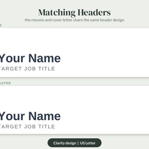 Puede incluir: Una plantilla digital que presenta dos encabezados rectangulares blancos etiquetados como Resume y Cover Letter. Cada encabezado muestra el texto azul oscuro Your Name seguido del texto gris claro TARGET JOB TITLE. La parte inferior incluye un bot&oacute;n oscuro con el texto Clarity design | US Letter.