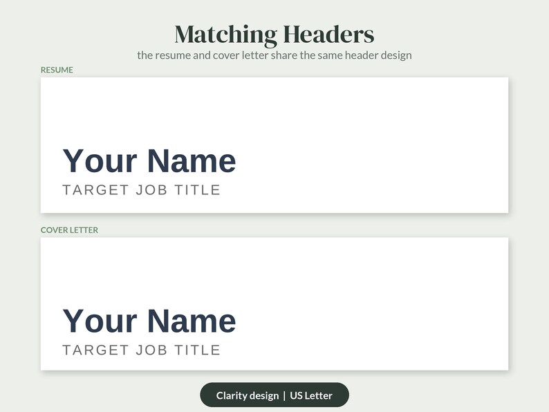 Puede incluir: Una plantilla digital que presenta dos encabezados rectangulares blancos etiquetados como Resume y Cover Letter. Cada encabezado muestra el texto azul oscuro Your Name seguido del texto gris claro TARGET JOB TITLE. La parte inferior incluye un bot&oacute;n oscuro con el texto Clarity design | US Letter.
