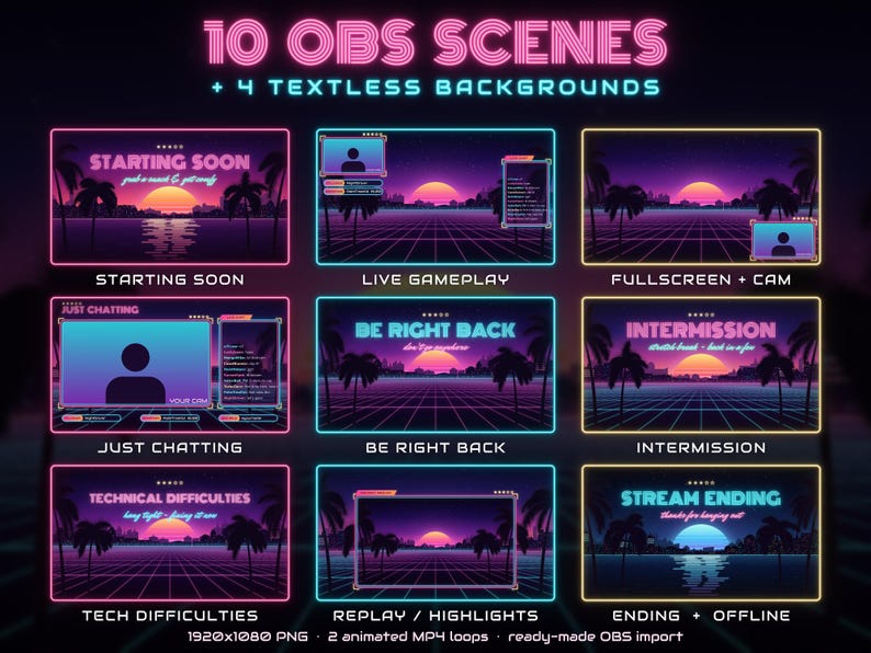 May include: A digital collection of 10 OBS scenes and 4 textless backgrounds featuring a retro sunset landscape with palm trees and a grid horizon. The graphics include text overlays like Starting Soon, Live Gameplay, and Be Right Back.