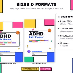 May include: An ADHD Daily Planner digital document set featuring two layout versions, US Letter 8.5 x 11 inches and A4 210 x 297 mm. The design includes colorful geometric shapes, stars, lightning bolts, and text fields for daily planning.