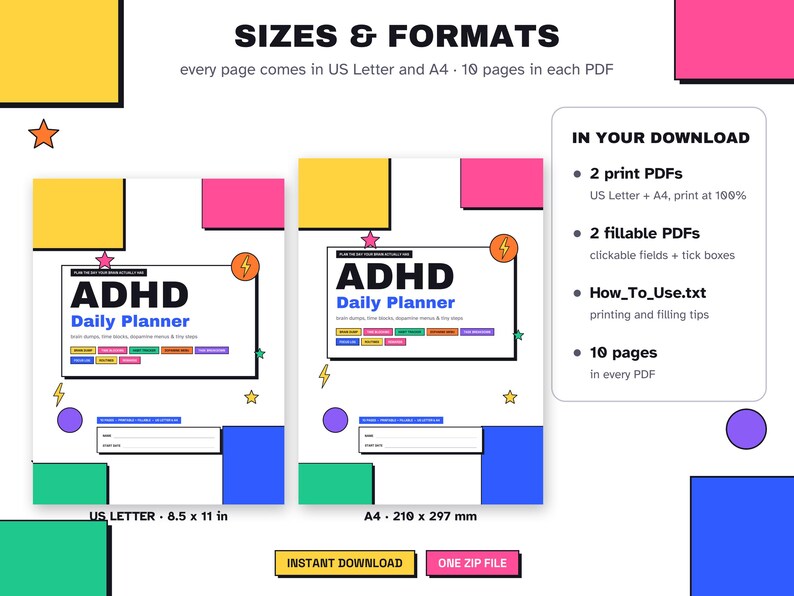 May include: An ADHD Daily Planner digital document set featuring two layout versions, US Letter 8.5 x 11 inches and A4 210 x 297 mm. The design includes colorful geometric shapes, stars, lightning bolts, and text fields for daily planning.