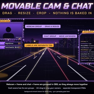 Puede incluir: Una plantilla de superposici&oacute;n para streaming digital con un esquema de colores morado y naranja, que incluye un marco para c&aacute;mara, una ventana de chat y etiquetas para seguidores y donaciones sobre un fondo de carretera.