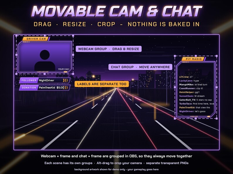 Puede incluir: Una plantilla de superposici&oacute;n para streaming digital con un esquema de colores morado y naranja, que incluye un marco para c&aacute;mara, una ventana de chat y etiquetas para seguidores y donaciones sobre un fondo de carretera.