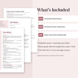 May include: A student resume template bundle featuring a one-page resume and matching cover letter in US Letter 8.5 x 11 inch format. Includes DOCX files for the resume and cover letter, plus a PDF buyer instruction guide for Word and Google Docs.
