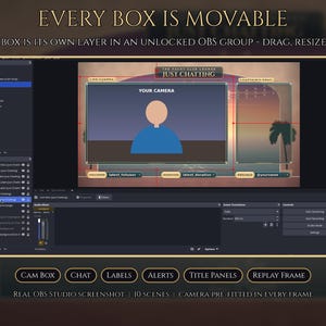 Puede incluir: Una plantilla de superposici&oacute;n digital para OBS Studio con una interfaz de atardecer, que incluye cuadros personalizables para c&aacute;mara, chat, etiquetas y alertas, con textos como YOUR CAMERA y JUST CHATTING visibles.