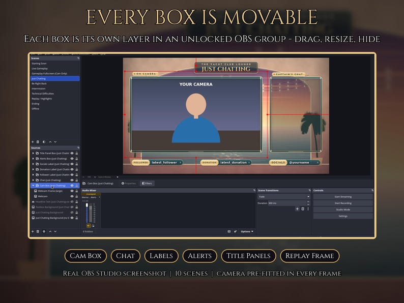 Puede incluir: Una plantilla de superposici&oacute;n digital para OBS Studio con una interfaz de atardecer, que incluye cuadros personalizables para c&aacute;mara, chat, etiquetas y alertas, con textos como YOUR CAMERA y JUST CHATTING visibles.