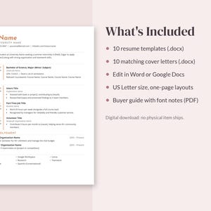 Puede incluir: Un conjunto de plantillas de curr&iacute;culum digitales con un dise&ntilde;o limpio que incluye secciones para objetivo, educaci&oacute;n, experiencia y habilidades. El texto incluye What's Included, 10 resume templates, 10 matching cover letters, edit in Word.