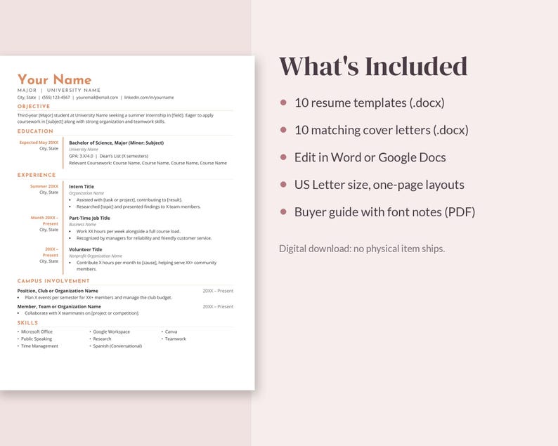 Puede incluir: Un conjunto de plantillas de curr&iacute;culum digitales con un dise&ntilde;o limpio que incluye secciones para objetivo, educaci&oacute;n, experiencia y habilidades. El texto incluye What's Included, 10 resume templates, 10 matching cover letters, edit in Word.