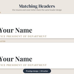 Pu&ograve; includere: Un modello digitale con due intestazioni abbinate per un curriculum e una lettera di presentazione. Il testo riporta Matching Headers, Your Name e VICE PRESIDENT OF DEPARTMENT in caratteri serif neri e dorati su sfondo bianco.