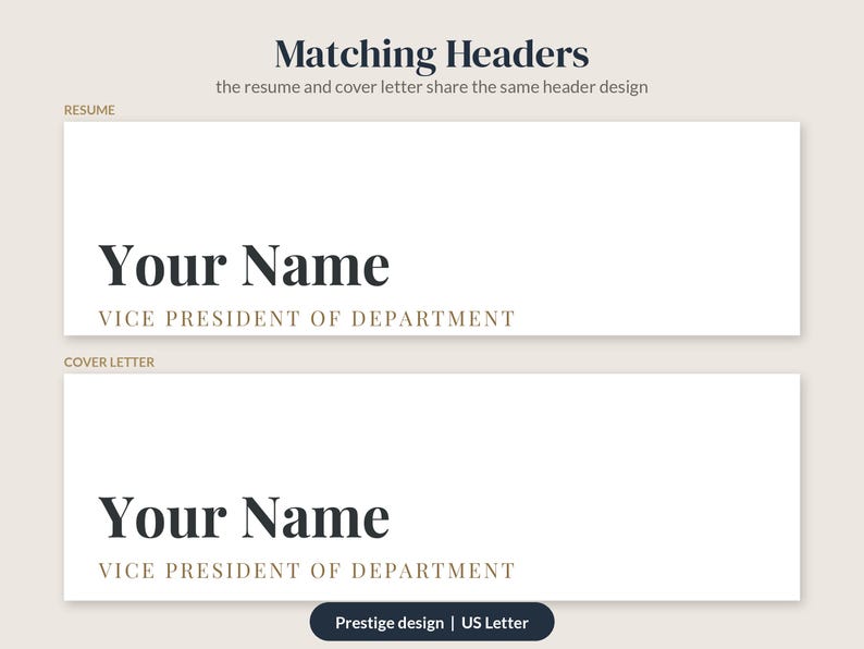 Pu&ograve; includere: Un modello digitale con due intestazioni abbinate per un curriculum e una lettera di presentazione. Il testo riporta Matching Headers, Your Name e VICE PRESIDENT OF DEPARTMENT in caratteri serif neri e dorati su sfondo bianco.