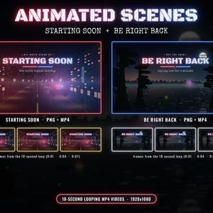 May include: Animated scenes for streaming featuring Starting Soon and Be Right Back overlays. The Starting Soon scene shows a city road at night with police lights, while the Be Right Back scene depicts a dark lake landscape with trees.