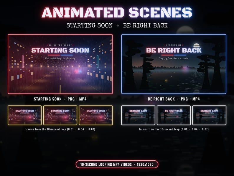 May include: Animated scenes for streaming featuring Starting Soon and Be Right Back overlays. The Starting Soon scene shows a city road at night with police lights, while the Be Right Back scene depicts a dark lake landscape with trees.