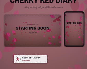 Cherry Red Diary OBS Overlay Pack | Aesthetic Twitch Overlay | Animated Scenes, Alerts, Stinger | Vertical Live Kit | Chat and Goal