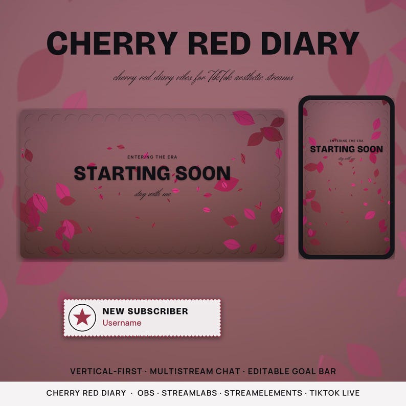 May include: A digital streaming overlay set titled CHERRY RED DIARY featuring a dark mauve background with scattered pink leaf graphics. Includes a horizontal STARTING SOON screen, a vertical mobile-style screen, and a NEW SUBSCRIBER alert box.
