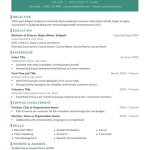 May include: A resume template featuring a teal header with placeholders for name, major, university, and contact details. The document includes sections for objective, education, experience, campus involvement, skills, and honors and awards.