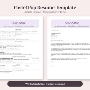 Op de afbeelding: Een Pastel Pop cv-sjabloon met een bewerkbaar cv en bijpassende sollicitatiebrief. Het document bevat secties voor doelstelling, opleiding, ervaring, betrokkenheid, vaardigheden en onderscheidingen, met lichtpaarse accenten.