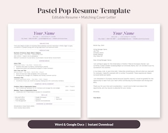 May include: A Pastel Pop Resume Template featuring an editable resume and matching cover letter. The document includes sections for objective, education, experience, campus involvement, skills, and honors, with light purple accents.