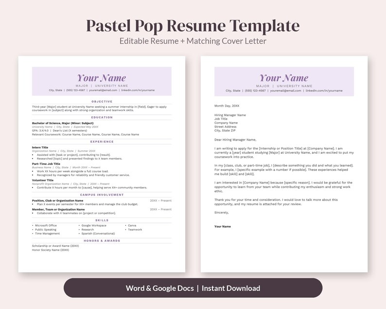 Op de afbeelding: Een Pastel Pop cv-sjabloon met een bewerkbaar cv en bijpassende sollicitatiebrief. Het document bevat secties voor doelstelling, opleiding, ervaring, betrokkenheid, vaardigheden en onderscheidingen, met lichtpaarse accenten.
