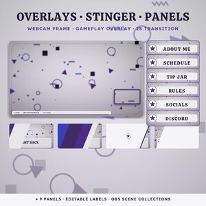 May include: A digital streaming overlay set featuring a light gray background with dark purple geometric shapes, including triangles, squares, and circles. It includes a webcam frame, gameplay overlay, and six panels labeled About Me, Schedule, Tip Jar, Rules, Socials, and Discord.