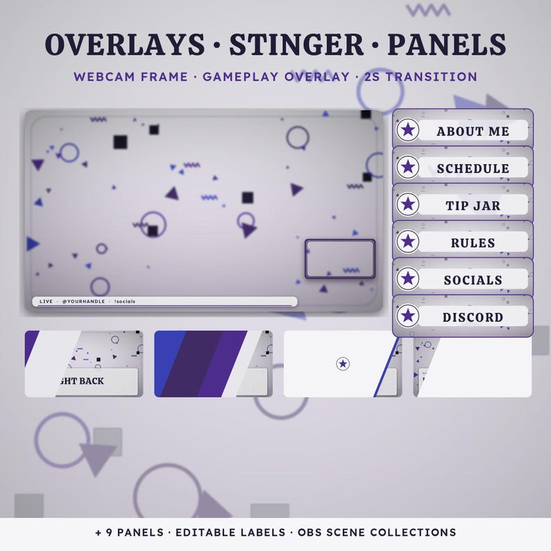 May include: A digital streaming overlay set featuring a light gray background with dark purple geometric shapes, including triangles, squares, and circles. It includes a webcam frame, gameplay overlay, and six panels labeled About Me, Schedule, Tip Jar, Rules, Socials, and Discord.
