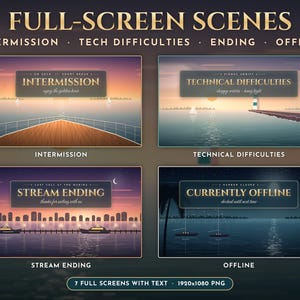 Puede incluir: Un conjunto de cuatro escenas digitales de pantalla completa para streaming, con temas n&aacute;uticos y textos superpuestos: Intermission, Technical Difficulties, Stream Ending y Currently Offline. Cada escena muestra un paisaje mar&iacute;timo.