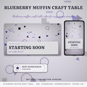 May include: A digital overlay set featuring a light purple background with dark purple geometric shapes. Text includes BLUEBERRY MUFFIN CRAFT TABLE, THE KETTLE IS ON STARTING SOON get comfy friend, and NEW SUBSCRIBER Username for streaming.