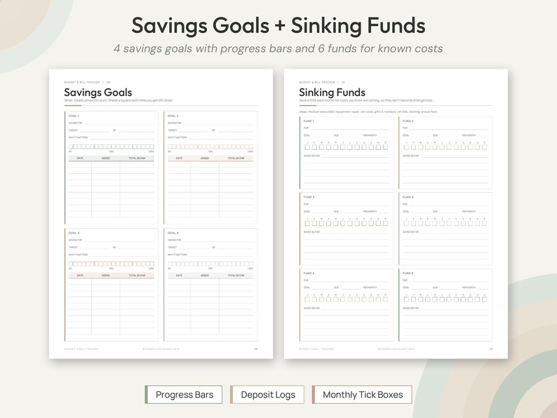 May include: A two-page financial planner layout titled Savings Goals + Sinking Funds. The left page features four savings goal trackers with progress bars and deposit logs. The right page contains six sinking fund trackers with monthly tick boxes.