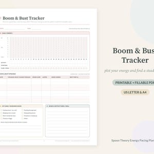 May include: A printable Boom & Bust Tracker document featuring a daily energy grid, a section for tracking boom and bust episodes, and a checklist for early warning signs. The layout includes text fields for dates, symptoms, and recovery strategies.