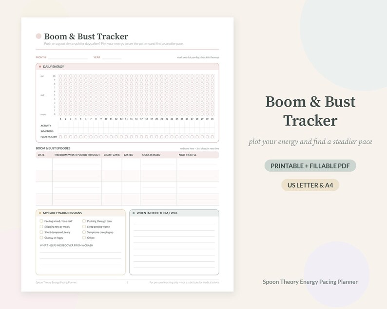 May include: A printable Boom & Bust Tracker document featuring a daily energy grid, a section for tracking boom and bust episodes, and a checklist for early warning signs. The layout includes text fields for dates, symptoms, and recovery strategies.