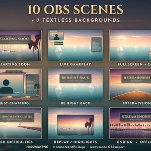 Puede incluir: Una colecci&oacute;n digital de 10 escenas OBS y 7 fondos sin texto con un tema de atardecer en el puerto. Los gr&aacute;ficos incluyen dise&ntilde;os para inicio, juego en vivo, chat, pausas, dificultades t&eacute;cnicas y finalizaci&oacute;n de la transmisi&oacute;n.