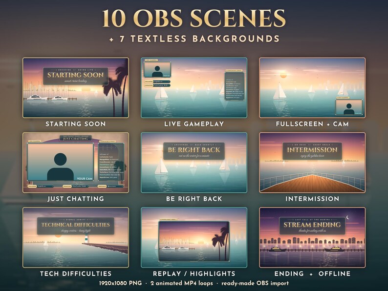 Puede incluir: Una colecci&oacute;n digital de 10 escenas OBS y 7 fondos sin texto con un tema de atardecer en el puerto. Los gr&aacute;ficos incluyen dise&ntilde;os para inicio, juego en vivo, chat, pausas, dificultades t&eacute;cnicas y finalizaci&oacute;n de la transmisi&oacute;n.