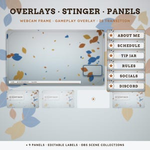 May include: A digital streaming overlay set featuring a light gray background with scattered blue and gold leaf shapes. Includes a large gameplay frame, a webcam box, and six rectangular panels labeled About Me, Schedule, Tip Jar, Rules, Socials, and Discord.