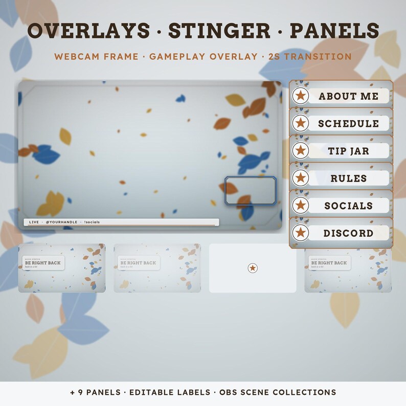 May include: A digital streaming overlay set featuring a light gray background with scattered blue and gold leaf shapes. Includes a large gameplay frame, a webcam box, and six rectangular panels labeled About Me, Schedule, Tip Jar, Rules, Socials, and Discord.