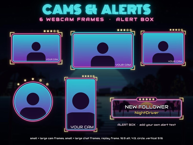May include: A digital set of six webcam frames and one alert box featuring a neon blue and purple gradient design. The frames include various shapes with corner accents and star icons. The alert box displays the text NEW FOLLOWER and NightDriver.